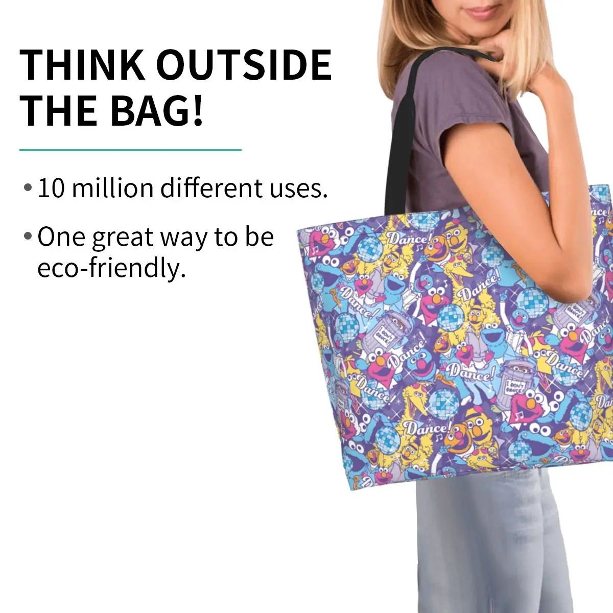 مخصص كوكي الوحش البقالة حمل حقيبة تسوق النساء الأطفال التلفزيون قماش المتسوق حقائب كتف حقيبة يد ذات سعة كبيرة #2