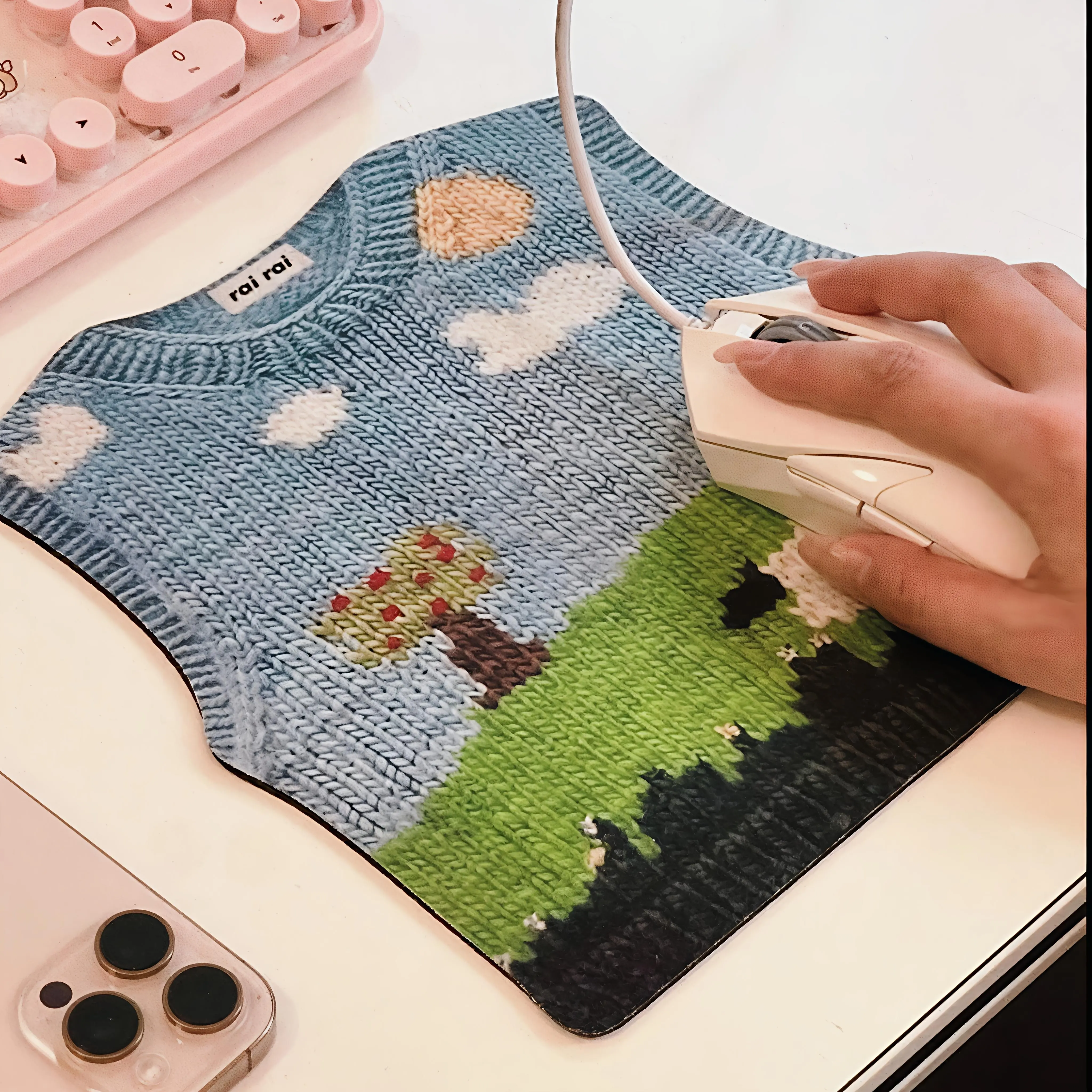 1pc Adorable Knit Sweater Design Mouse Pad-Cute Pixel Tree, Sheep Landscape Gaming Aesthetic,Non-Slip Base,Washable Desk Mat