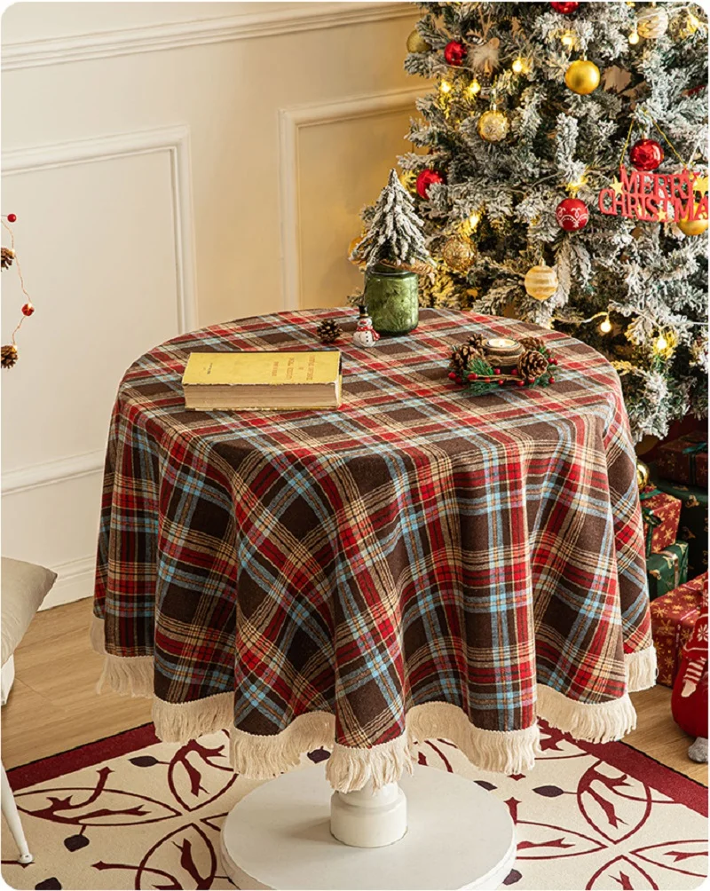 Gingham Round Tablecloth Cotton Linen Fabric Checkered Table Cloth with Tassel Washable Wrinkle Free Buffalo Plaid Table Cover