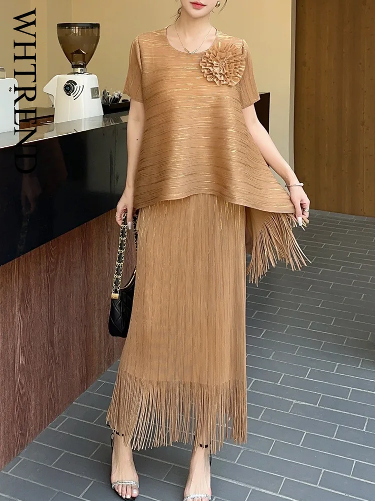 WHTREND-Conjuntos plisados para mujer, camisa holgada Irregular con flores y faldas largas con borlas, ropa de moda femenina, conjunto de 2 piezas