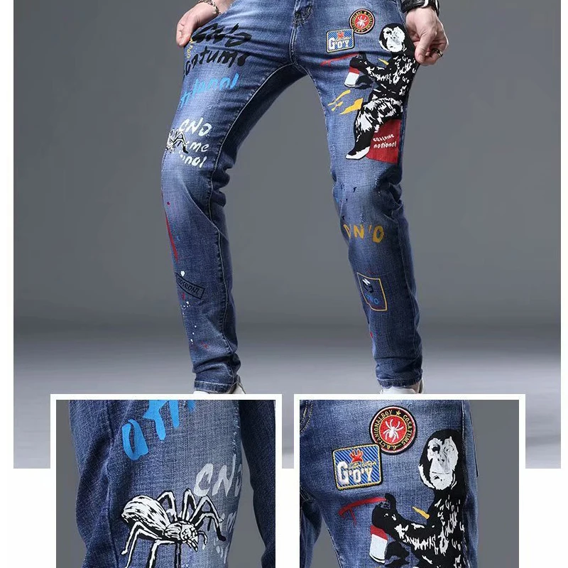 New Straight Graffiti Jeans Man Pants Spring Summer Boyfriend Slim Jeans Streetwear Skinny Zips Blue Cacual Long Denim Trousers