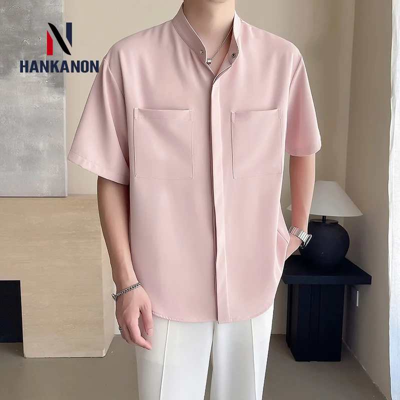 Chinese-style Stand-up Collar Hidden Button Ice Silk Short-sleeved Shirt for Men, Daily Casual Loose-fitting Breathable Shirt.