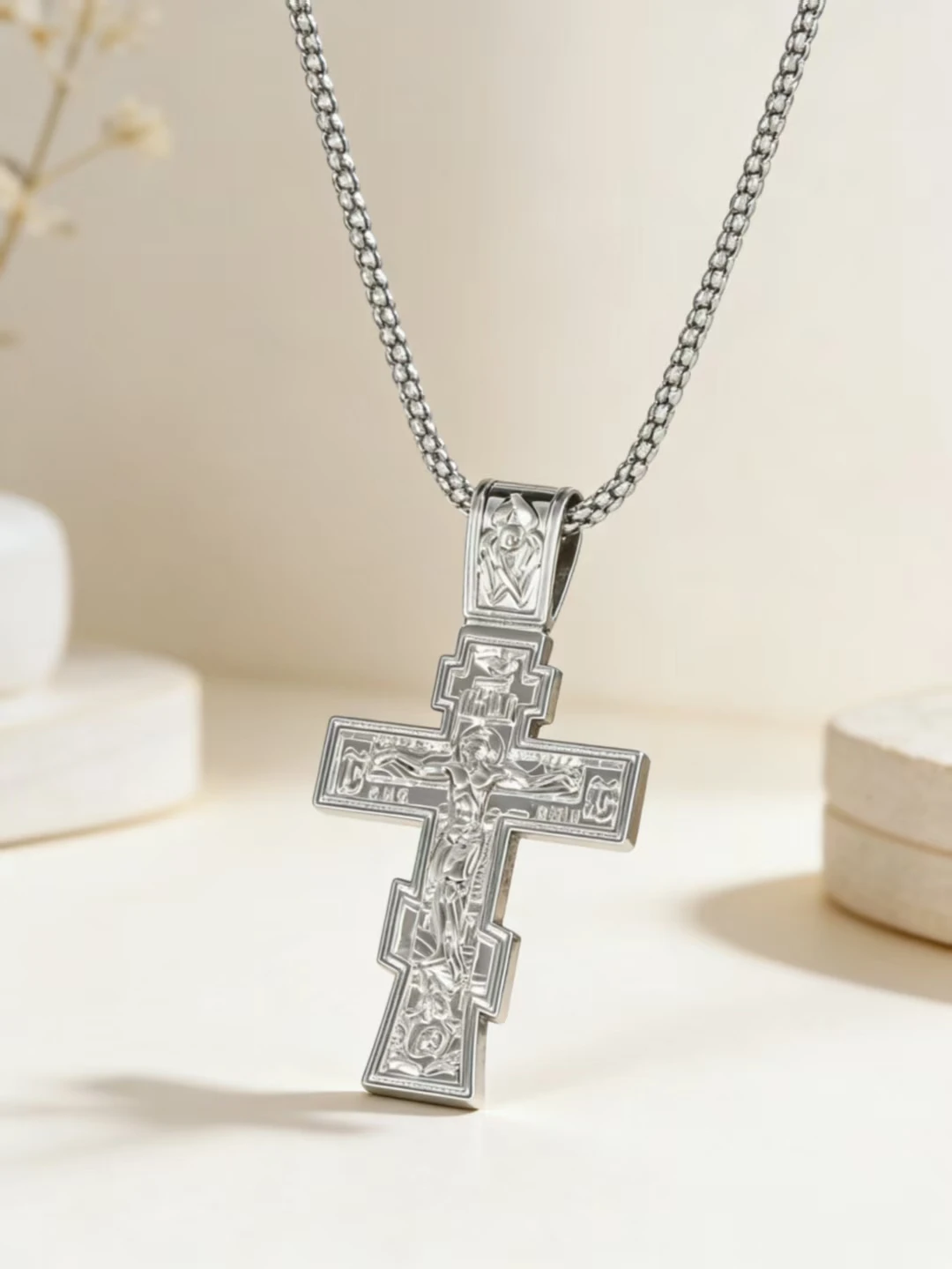 

Vintage Embossed Cross Necklace for Men,European and American Style Jesus Pendant,TitaniumSteel Gold-Plated Necklace,Couple Gift