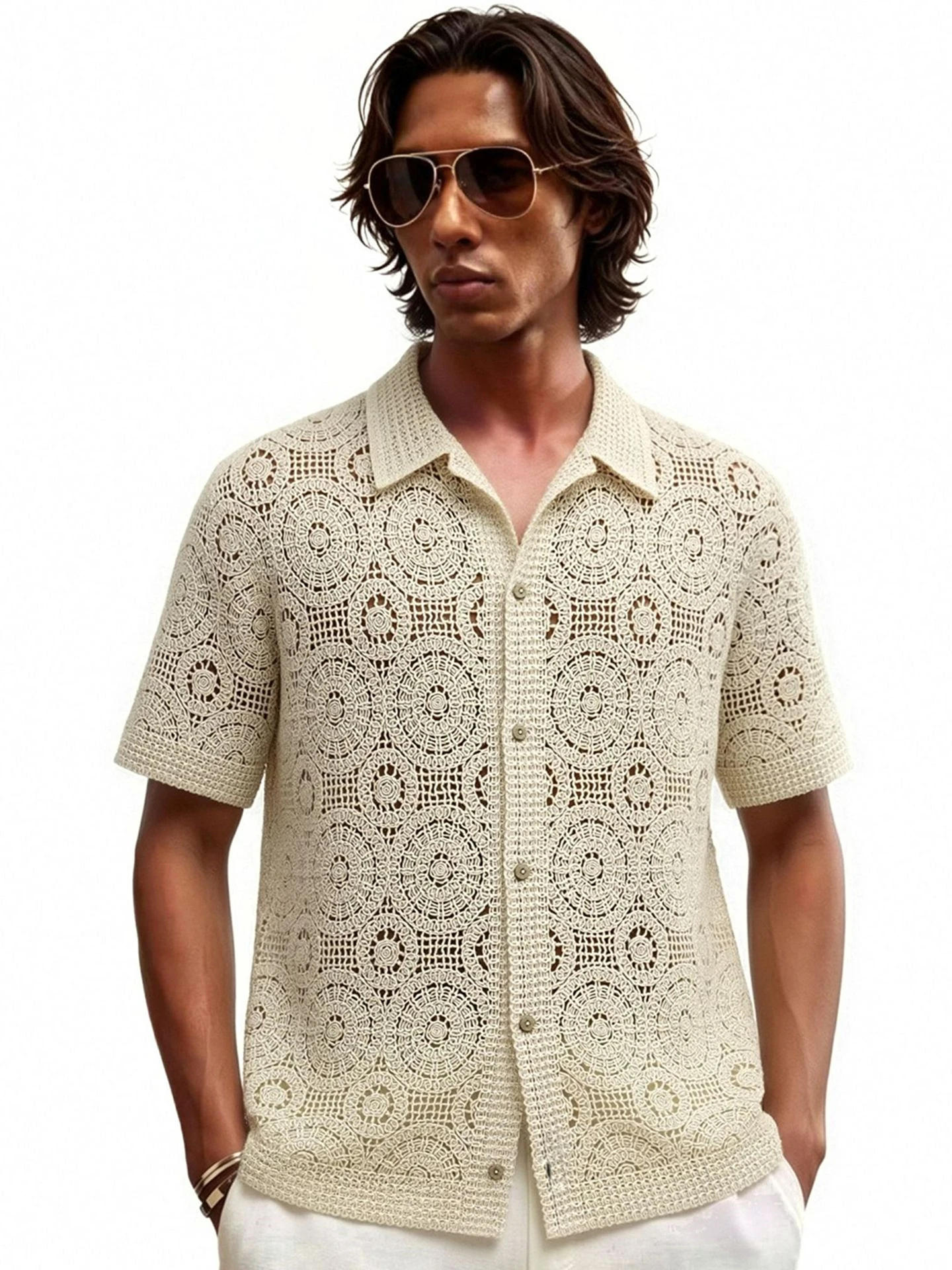 Men's Casual Knitted Crochet Hollow out  Shirt Fashion Urban Style Breathable Short Sleeve T-Shirt Comfortable Fit 