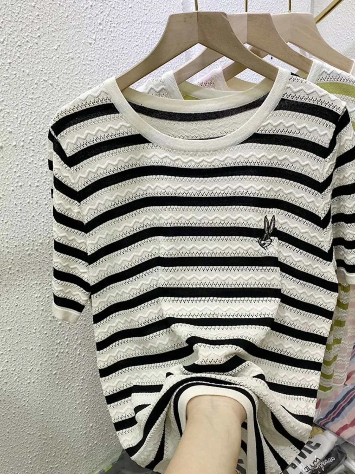 

plus Size Ice Silk Hollow out Knitwear Women's Striped Top Thin Summer New Style Comfortable Breathable Short Sleeve T-Shirt