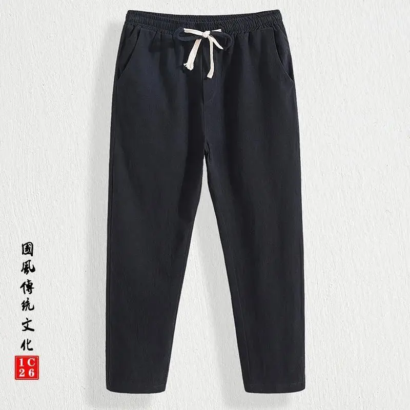 Men's Summer Thin Cotton Linen Pants Loose Straight Casual Long Trousers Busin Casual Loose Fit Nine-Piece Pants