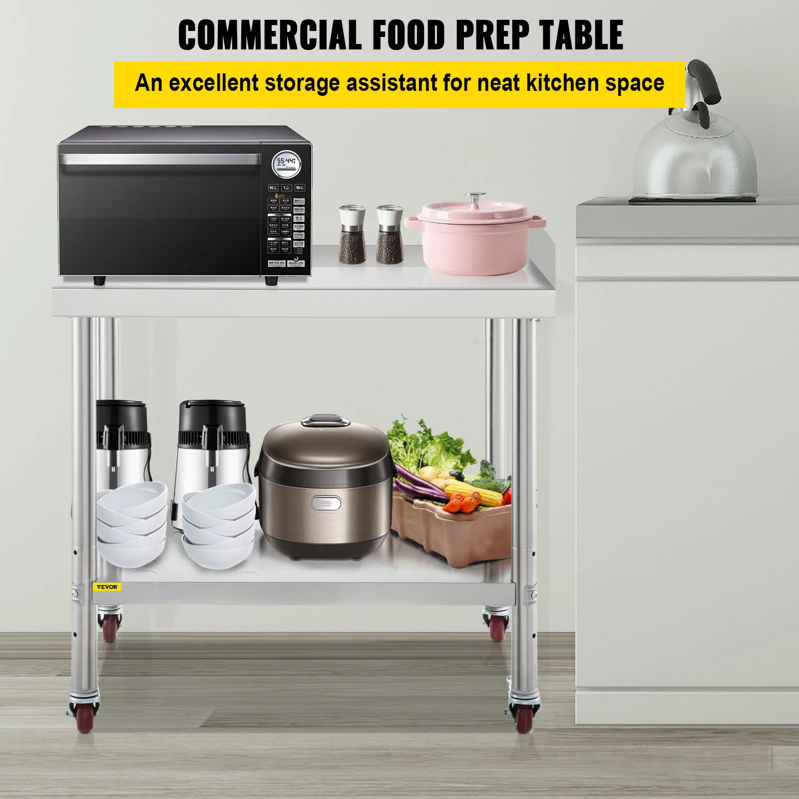 VEVOR Stainless Steel Prep Table Heavy Duty Metal Worktable w/Backsplash Adjustable Undershelf & 4Casters for Kitchen Restaurant