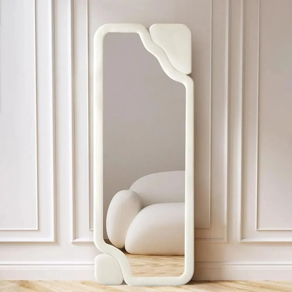 Beige Full Length Mirror Standing Flannel Wrapped Wooden Frame Mirror With Led Light Floor Mirrors Full Body Length Bedroom Big