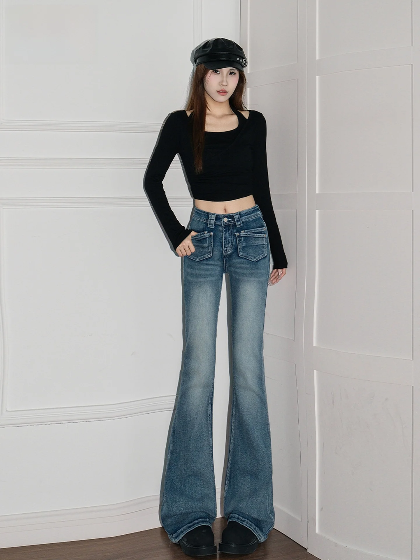

American Style Low Waist Bell Bottom Jeans Women's Spring Summer Loose Slimming Long Pants Casual Cotton Polyester Spandex