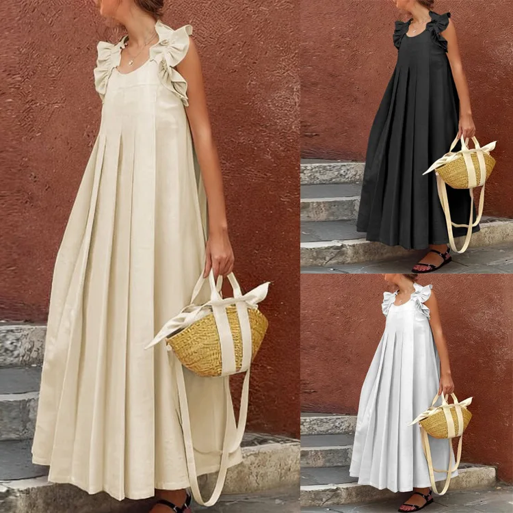 Robe d'été plissée sans manches pour femmes, col rond, ligne a, ample, couleur unie, décontractée et à la mode, Style vacances à la plage