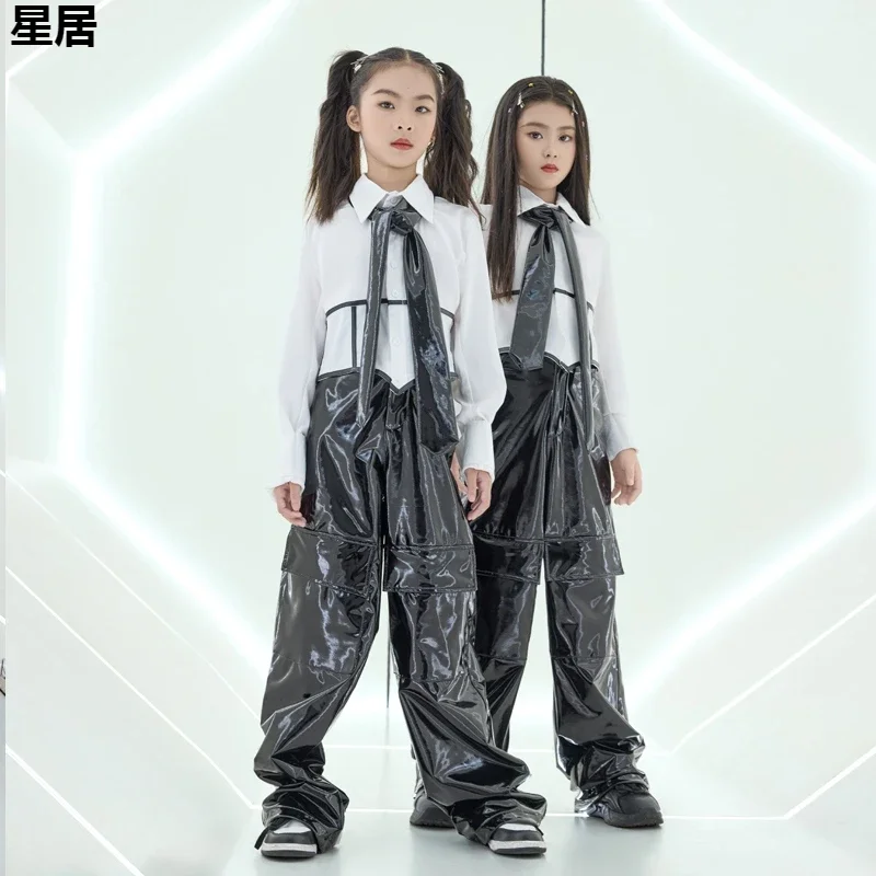 

2025 New Jazz Dance Costumes Girl White Lapel Tops Loose Leather Pants Suit Festivals Hip Hop Dance Performance Clothes