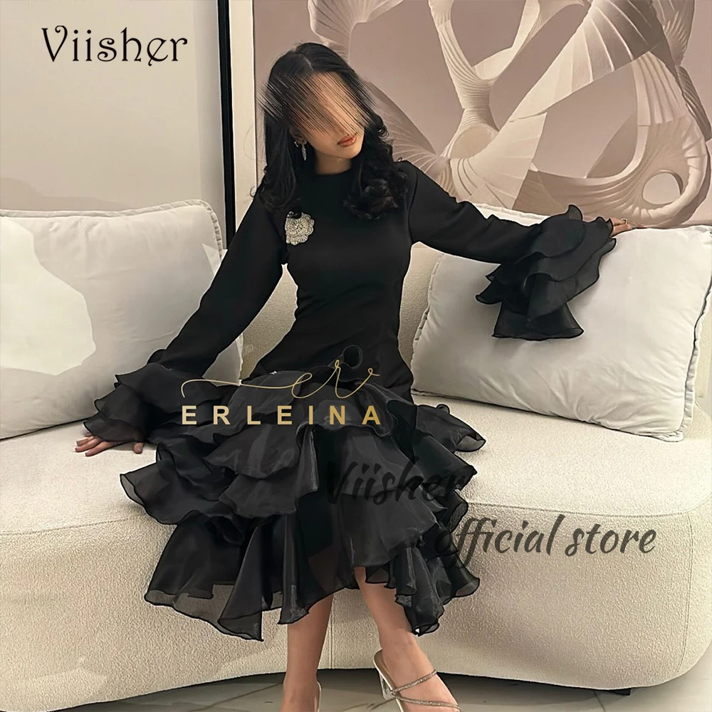 

Black Mermaid Prom Dresses Long Sleeve Arabian Dubai Formal Evening Dress Tea Length Occasion Gown Women Outfits