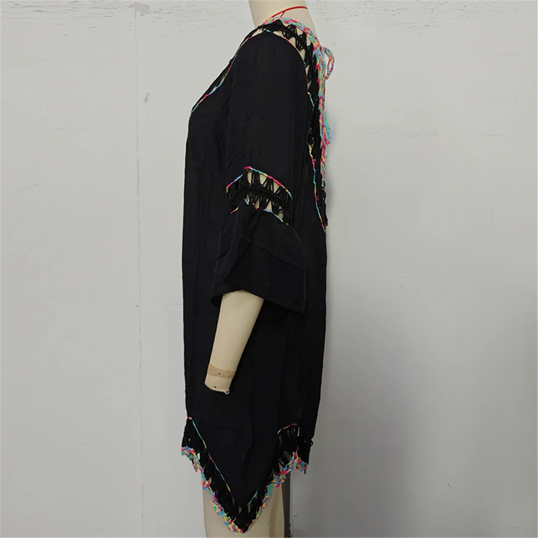 Buntes, halbärmeliges, rückenfreies, gehäkeltes, gestricktes Tunika-Strandkleid, Strandmode, Damen-Strandkleid, Strand-Cover-up, Damen-Cover-ups V7537 – Detail 16