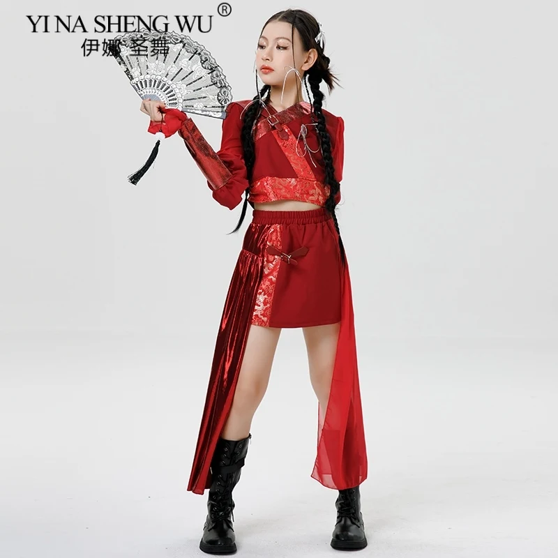 

Новый красный костюм для джазовых танцев в китайском стиле для девочек, комплект сценической одежды Kpop, костюм для выступлений, танцевальной практики, концерта
