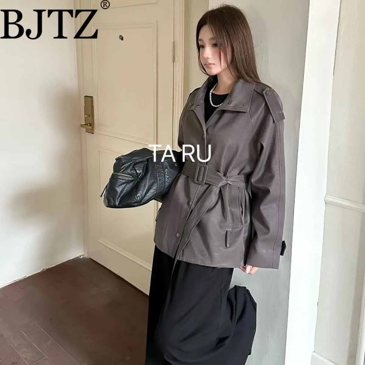 

BJTZ Long Sleeve Bandage Waist Designer Short Jacket For Woman 2025 Spring Autumn Loose Versatile Office Lady Female Overcoat