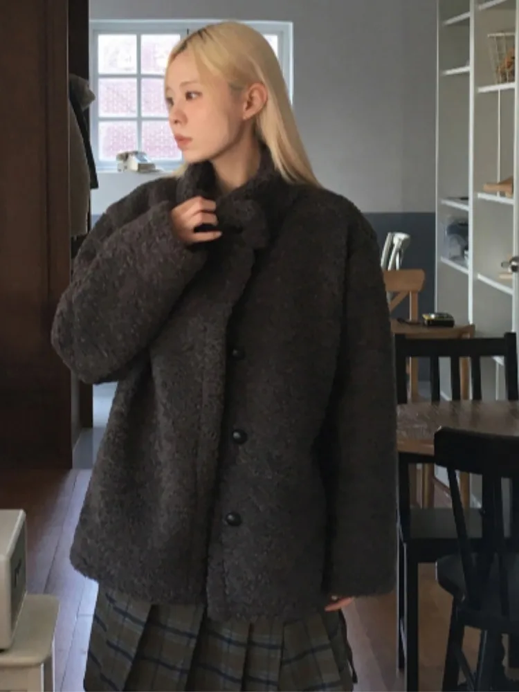 معطف دافئ من الفرو الصناعي للنساء بزر واحد ملابس خارجية شتوية Dongda Gate وصل حديثًا فضفاض مناسب طويل Sve طول منتظم #4