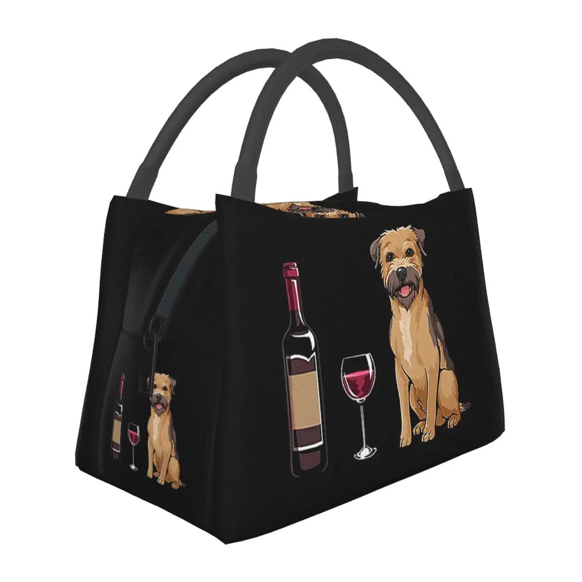 Border Terrier And Wine Funny Dog Lunch Bags Insulated Bento Box Lunch Tote Picnic Bags Cooler Thermal Bag for Woman Kids School