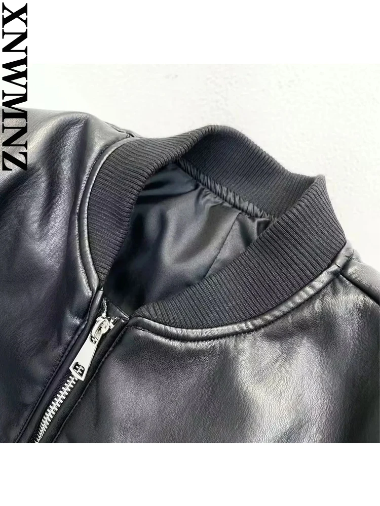 XNWMNZ 2023 Women Fashion Faux Leather Bomber Jacket High Street O Neck Long Sleeve Zipper Coat Female Chic Outerwear