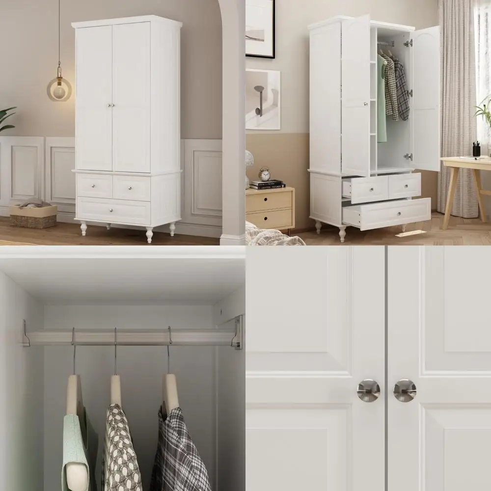 خزانة ملابس ببابين مع قضيب تعليق وأدراج ورفوف، وخزانة تخزين خشبية حديثة قائمة بذاتها مع خطوط منحوتة