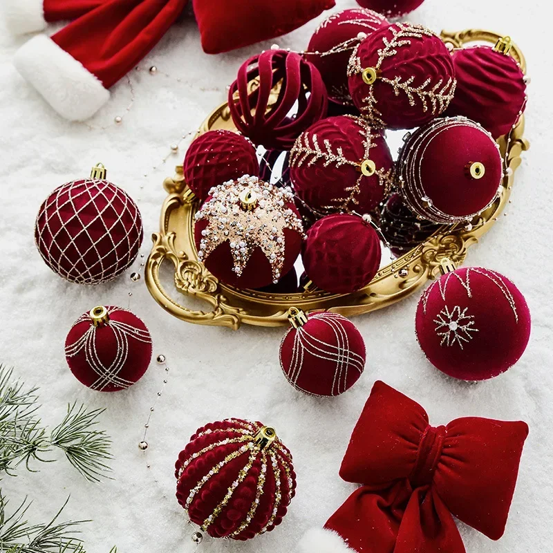 6/8cm 4pcs Christmas Balls Ornaments Wine Red Flocking Christmas Tree Party Decoration New Year Christmas Spheres 2023