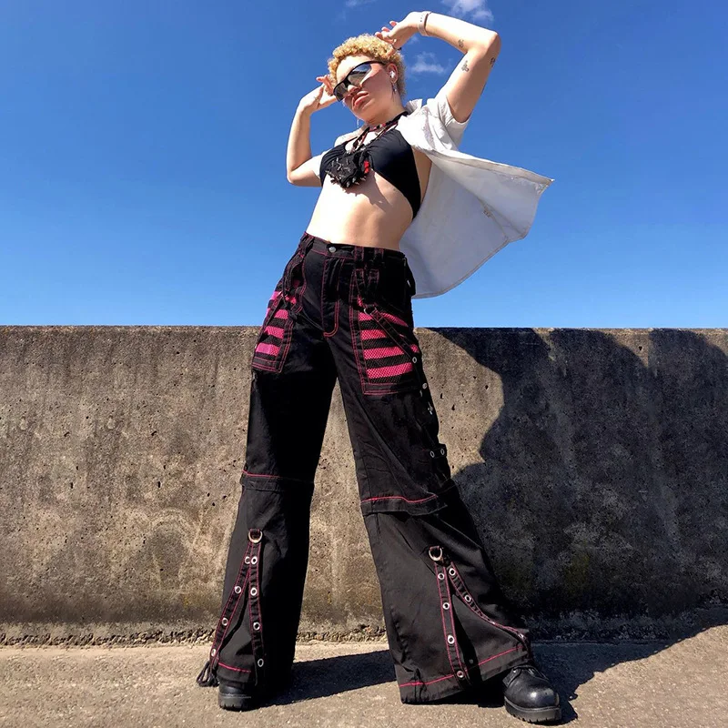 European and American retro dark style cool webbing eyelet chain casual pants contrasting stripes mesh splicing wide leg pants