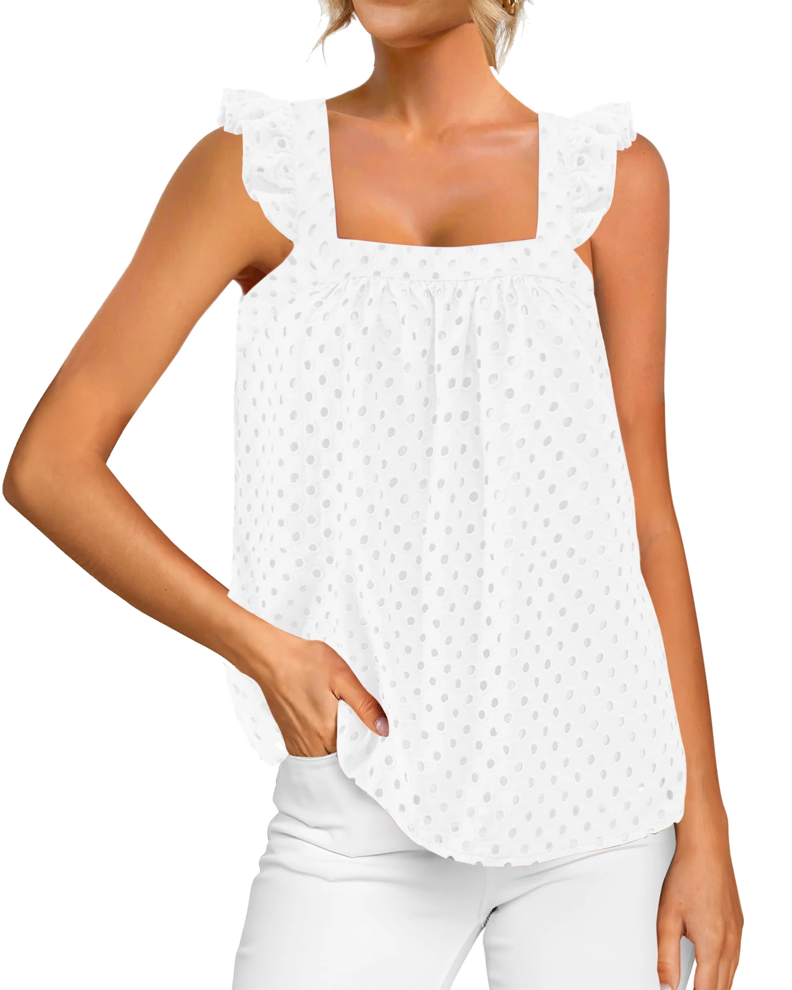 Camisas sin mangas de verano con cuello cuadrado y tirantes para el hombro con volantes y agujeros de Color sólido para mujer