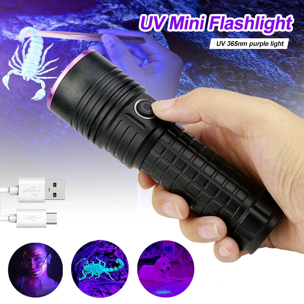 Mini lanterna UV Ultravioleta Blacklight, USB recarregável, Cílios roxos, Detector de urina do animal do tapete, Pegar escorpiões, 30W, 365nm