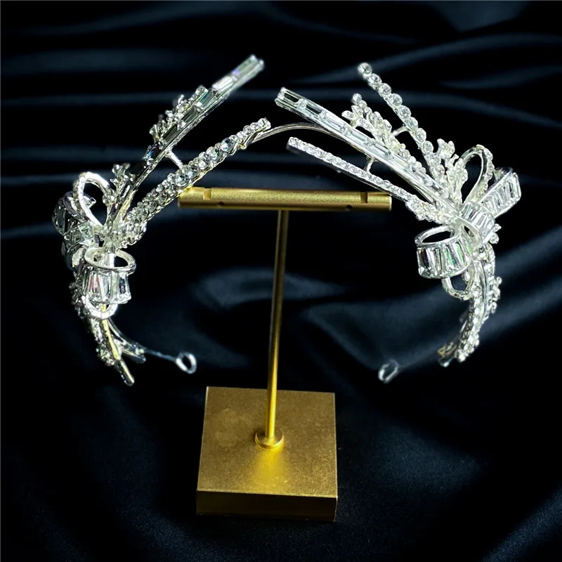 Baroque Crystal Bowknot Crown Bridal Headpiece Silver Color Rhinestone Diadem Queen Princess Tiaras Wedding Hair Jewelry