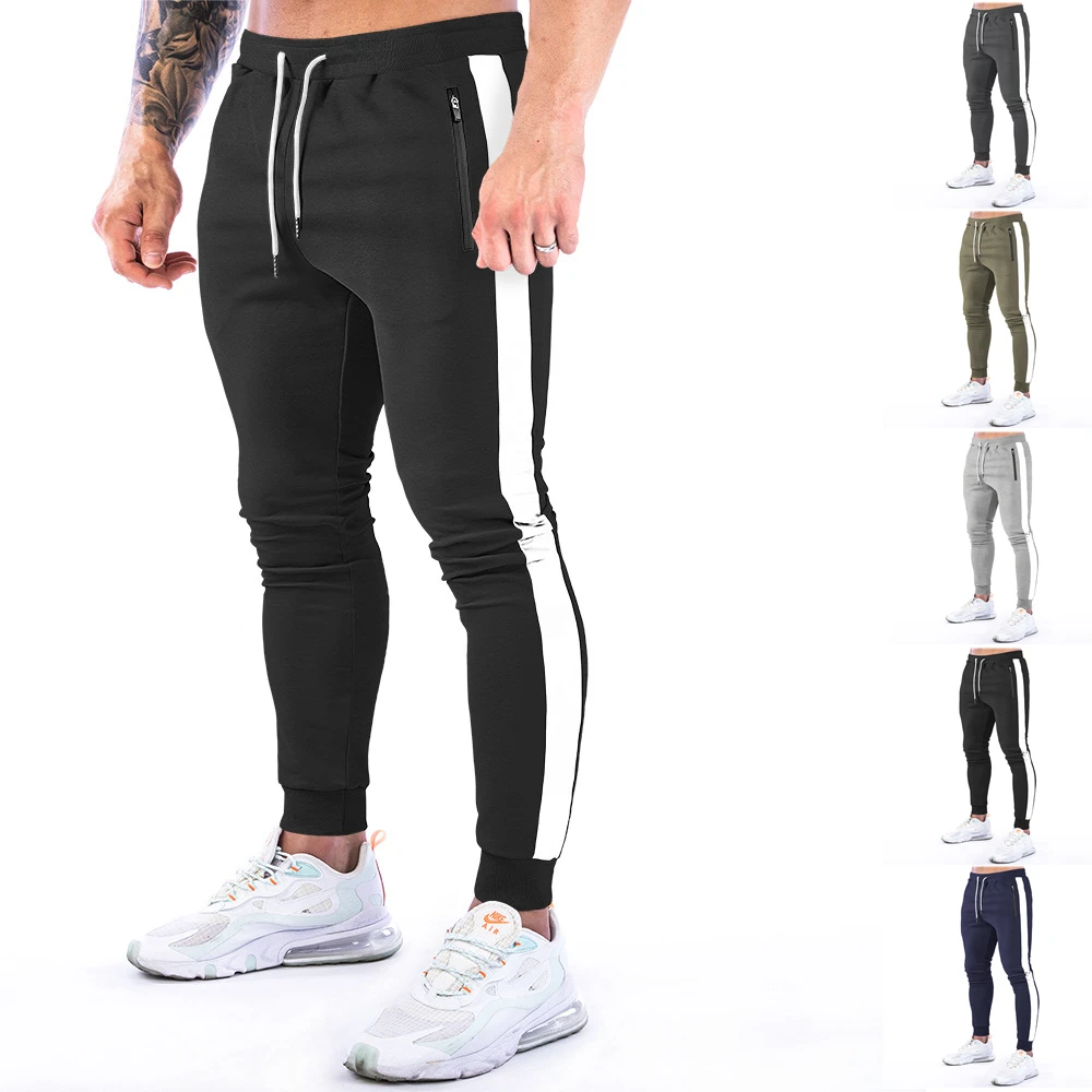 Mens Cotton Sport Trousers GYM Sweatpants Stripe Joggers Casual Training Workout Zipper Pocket Fitness Male Running Pants