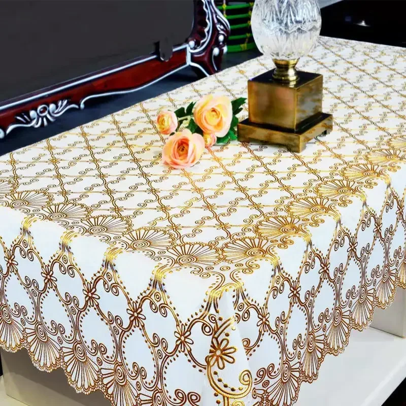 

Waterproof Tablecloth Household Rectangular Oilproof PVC Plastic Tablecloth Golden Bronzing Printing Table Cover Table Mat Nappe