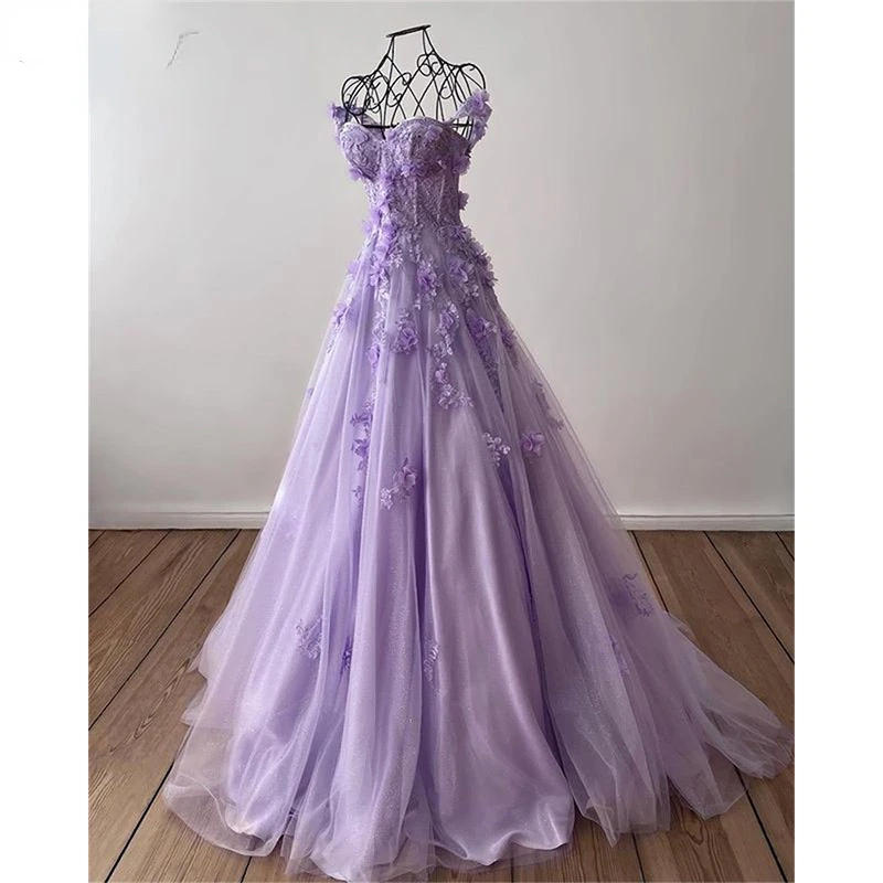 Lilac Evening Dresses 2023 Lace Applique Floral Off Shoulder Sweetheart A Line Long Elegant Women Party Prom Gowns CUSTOM MADE