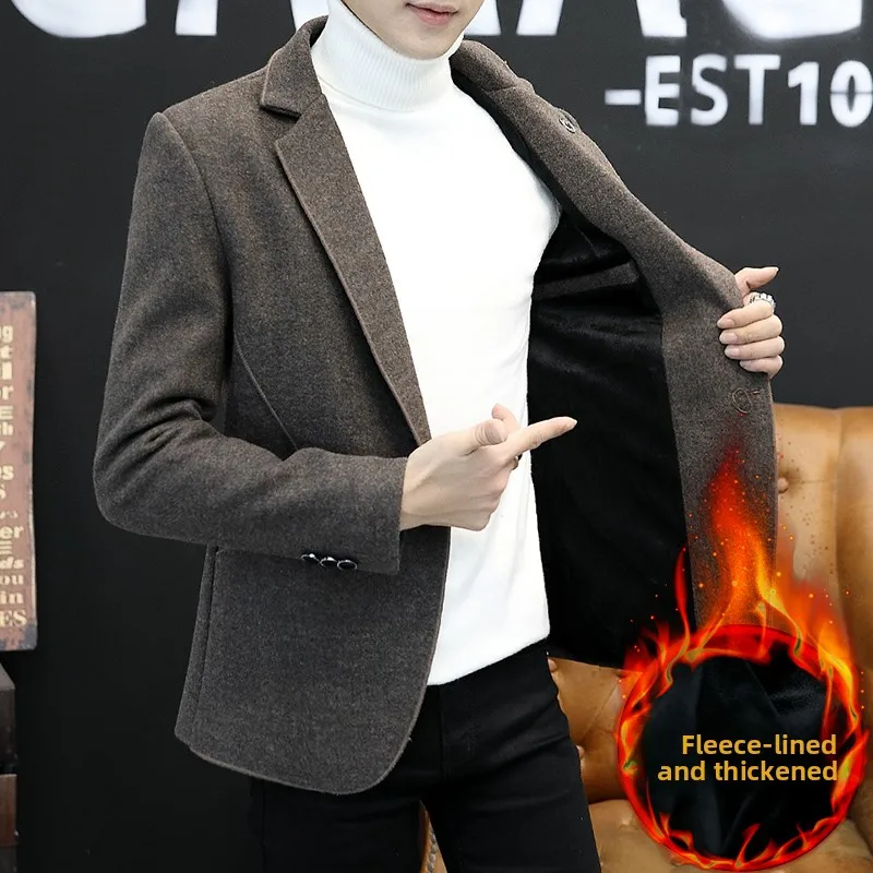 

Thickened Fleece Autumn Winter Men's Casual Woolen Suit Jacket Warm Outerwear Fashionable Korean Style Standard Fit Long Sleeve
