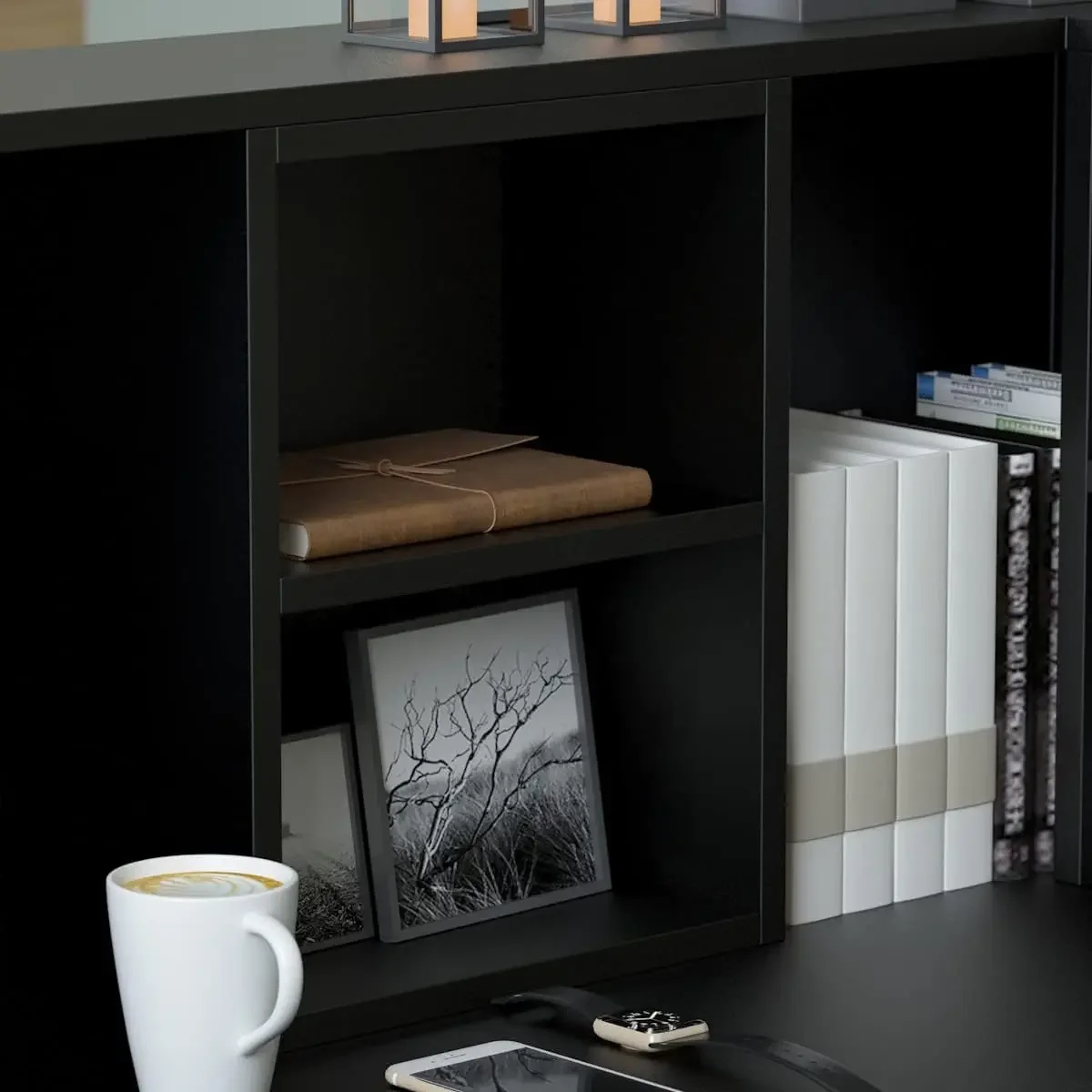 Modern Reception Counter, Large Storage Shelves and Drawers, Retail Counter Front Desk for Reception Room - Black