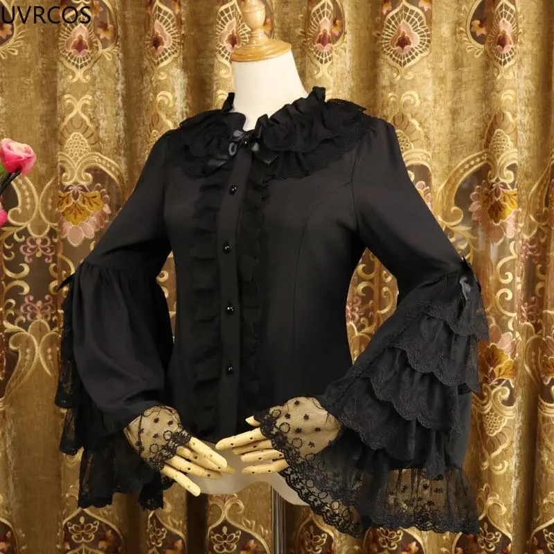 Japanese Victorian Gothic Lolita Blouse Women Kawaii Lace Ruffles Flare Sleeve Shirts Tops Female Vintage Elegant Inside Blouses