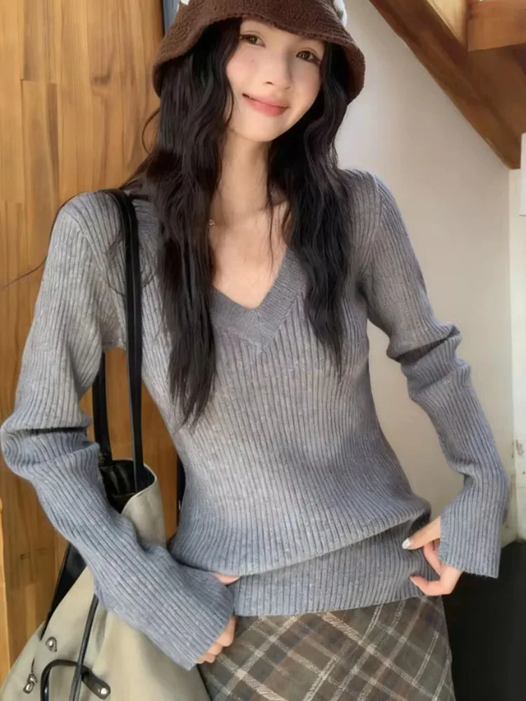 Korean Long Sleeve Jumper V Neck Tunic All Match Pullvers Women Sueter Mujer Solid Slim Fit Fashion Pull Femme Knitted Sweater