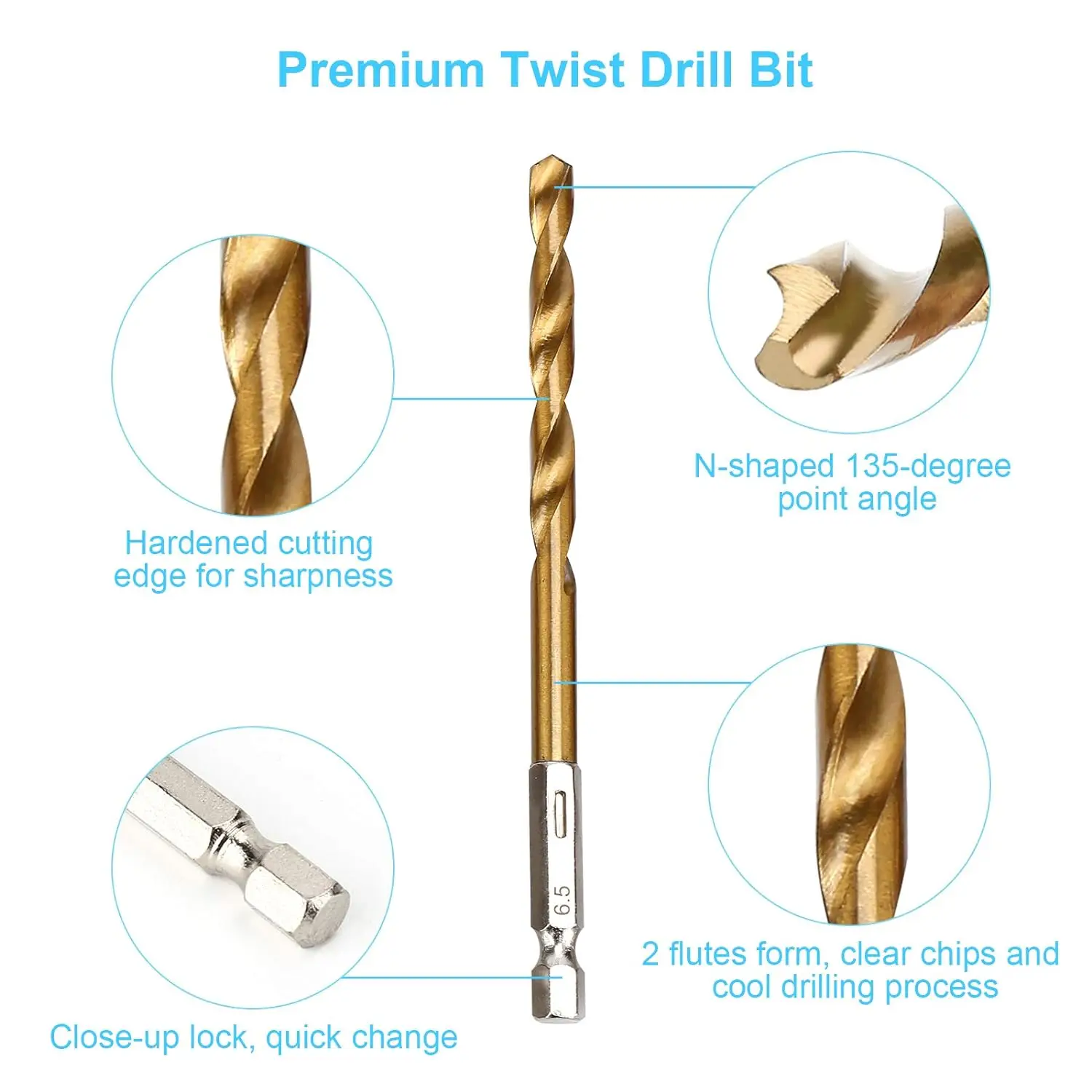 13PCS 1.5mm-6.5mm Drill Bit Set Titanium Coated High Speed Steel Hex Shank Hole Opener For Wood Plastic Aluminum