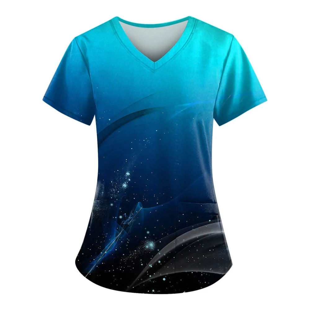 Women Nurse Uniform Starlight Pattern 3D Print V-Neck Pocket Medical Uniforms Fashion Nursing Scrubs Uniforme Women's Work Wear