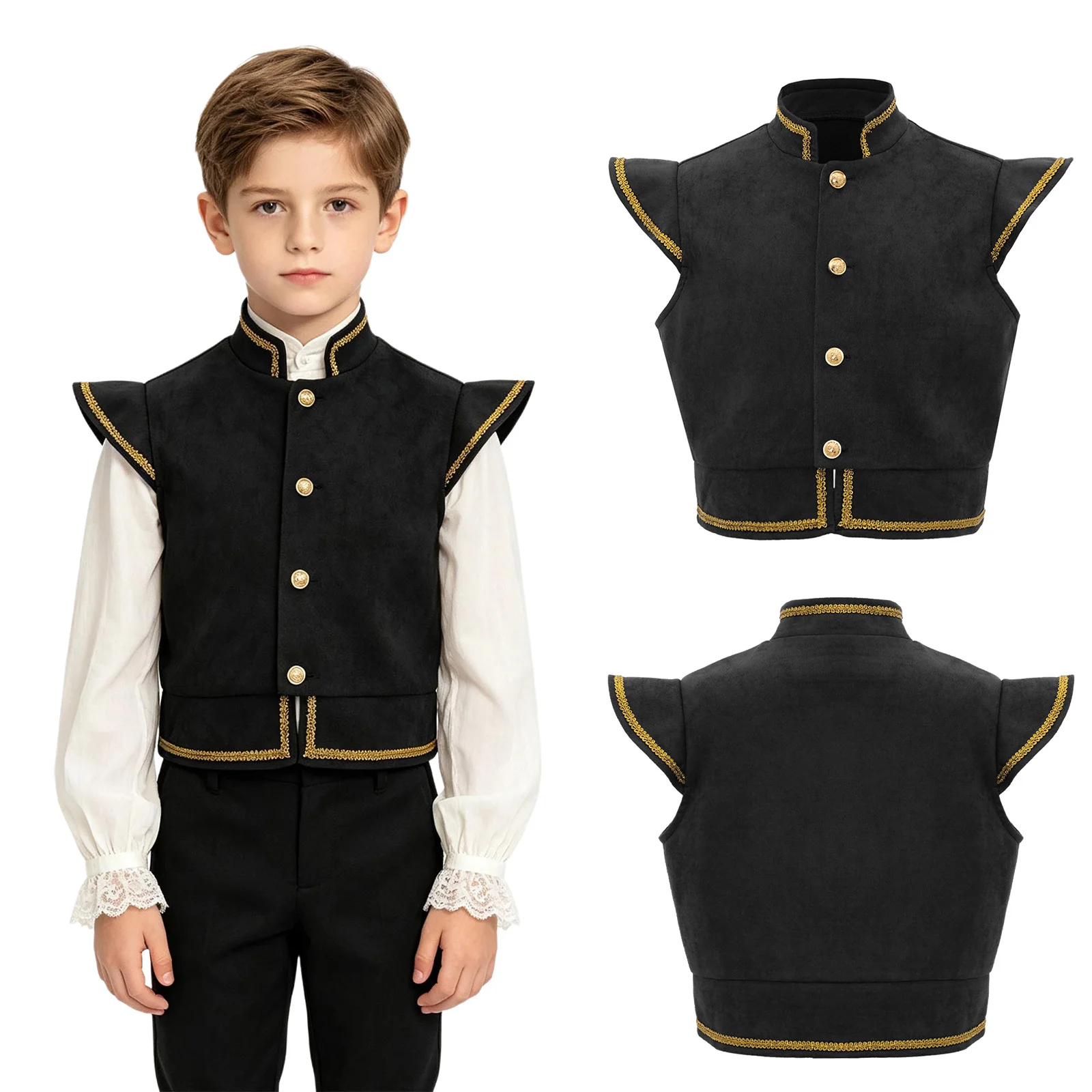 Children Boys Stand Collar Cap Sleeve Faux Suede Medieval Renaissance Vest Viking Pirate Waistcoat Halloween Carnival Costume