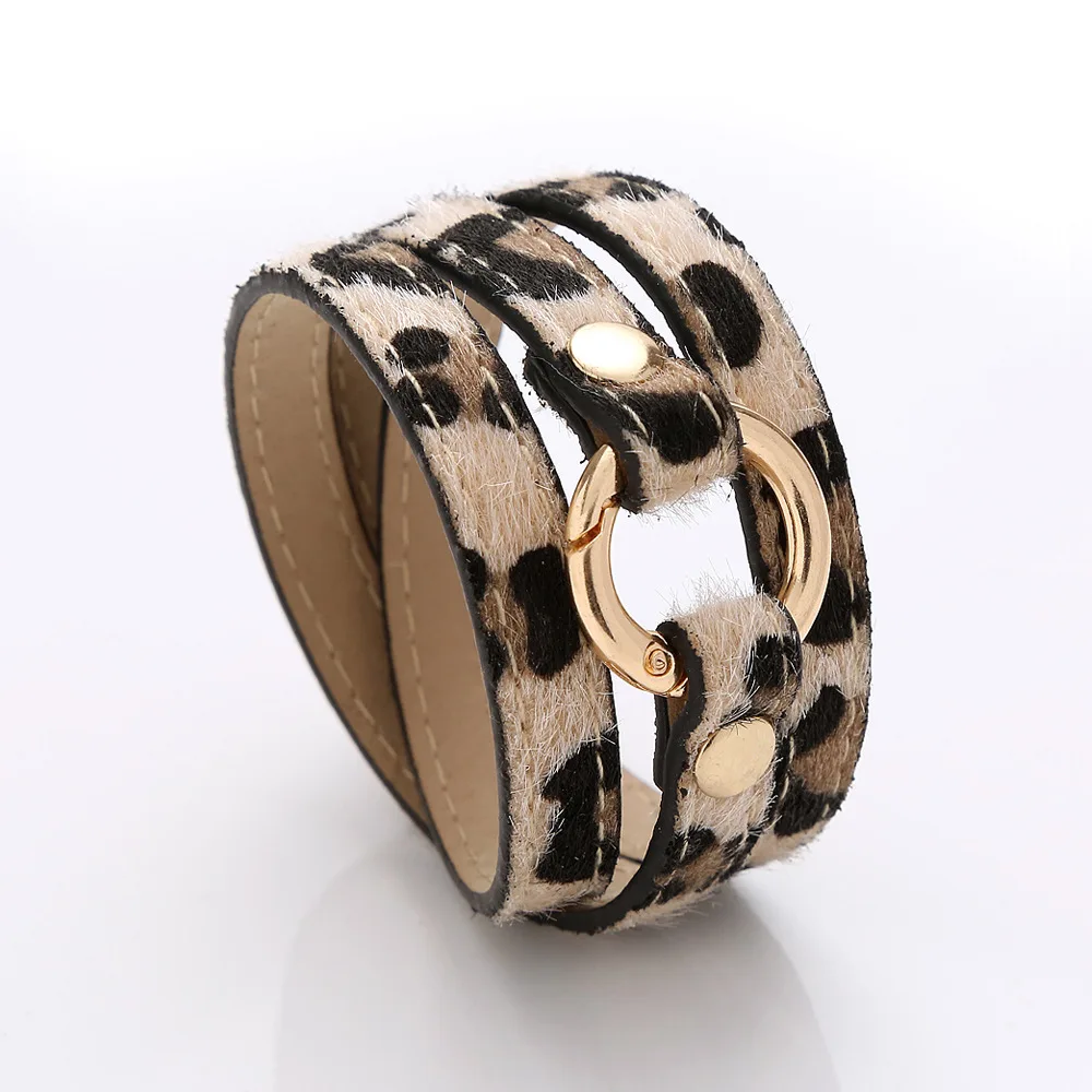 New Creative Fashion Punk Style Leopard Print Fur Leather Bracelets & Bangles Long Wrapped PU Bracelet Cuff Gift for Women Girls