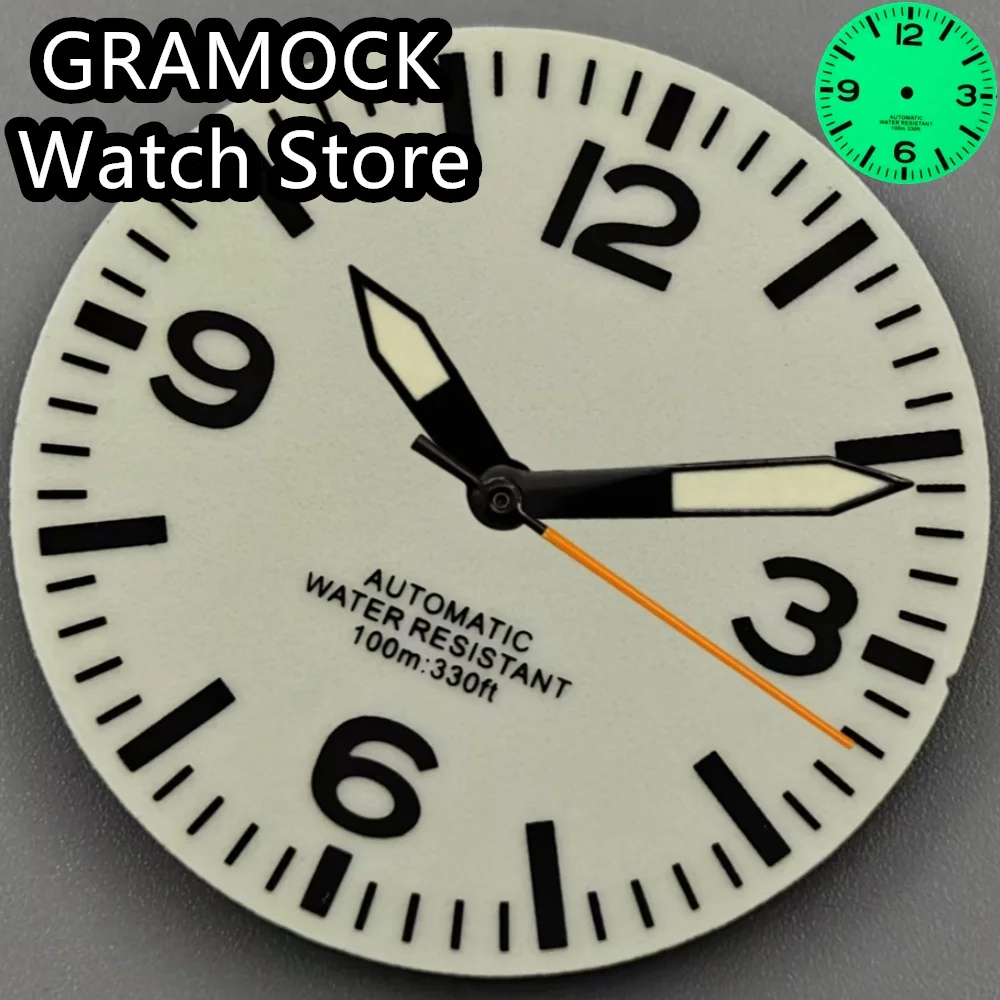 GRAMOCK 29mm Pilot Dial With Hands Set Full Luminous Dial for NH35 NH36 Movement C3 Super Green Luminous Watch parts