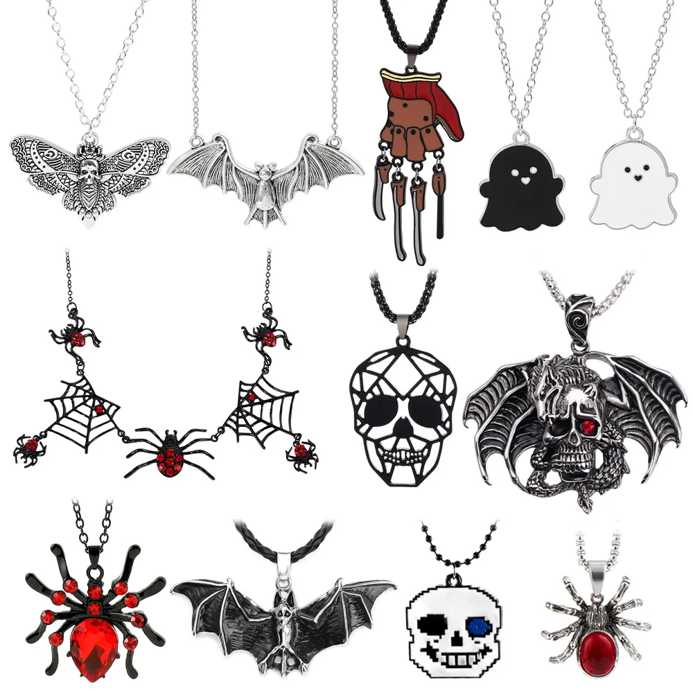 

Kitykiss Gothic Halloween Necklace Ghost Skull Bat Spider Pendant Punk Jewelry Wholesale