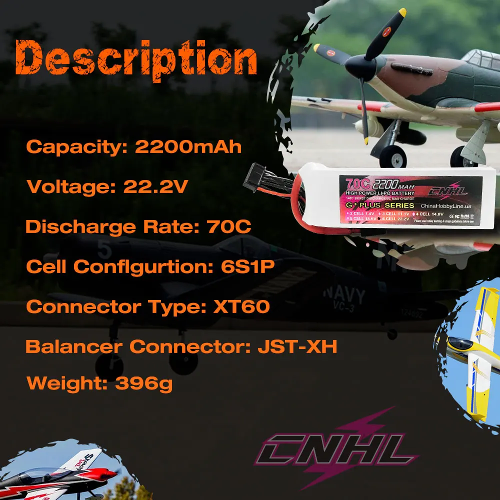 2pcs CNHL 6S Lipo Battery 2200mAh 22.2V 70C With XT60 Plug For RC Airplane Quadcopter Helicopter Drone FPV Car Boat Racing Hobby