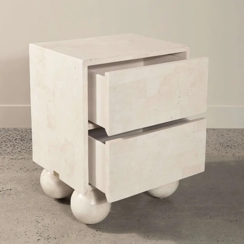 Type Square Marble Bedside Table Travertine 2 Drawer Bedside Table Spherical Base Bedside Table