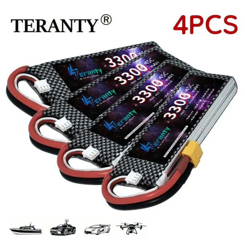4Pcs 7.4V 3300mAh 2S 60C LiPo Battery High Discharge Rechargeable Pack for RC Drone FPV Quadcopter Car Boat Helicopter Racing