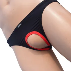 Calzoncillos eróticos sin entrepierna con agujero abierto para hombres y mujeres, ropa interior Sexy de seda, bragas sexuales, bolsa, lencería divertida, negro