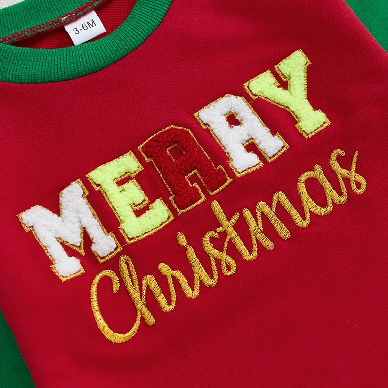 Christmas Newborn Baby Boys Girls Rompers Clothes Contrast Color Letter Embroidery Long Sleeve Crew Neck Bubble Jumpsuits