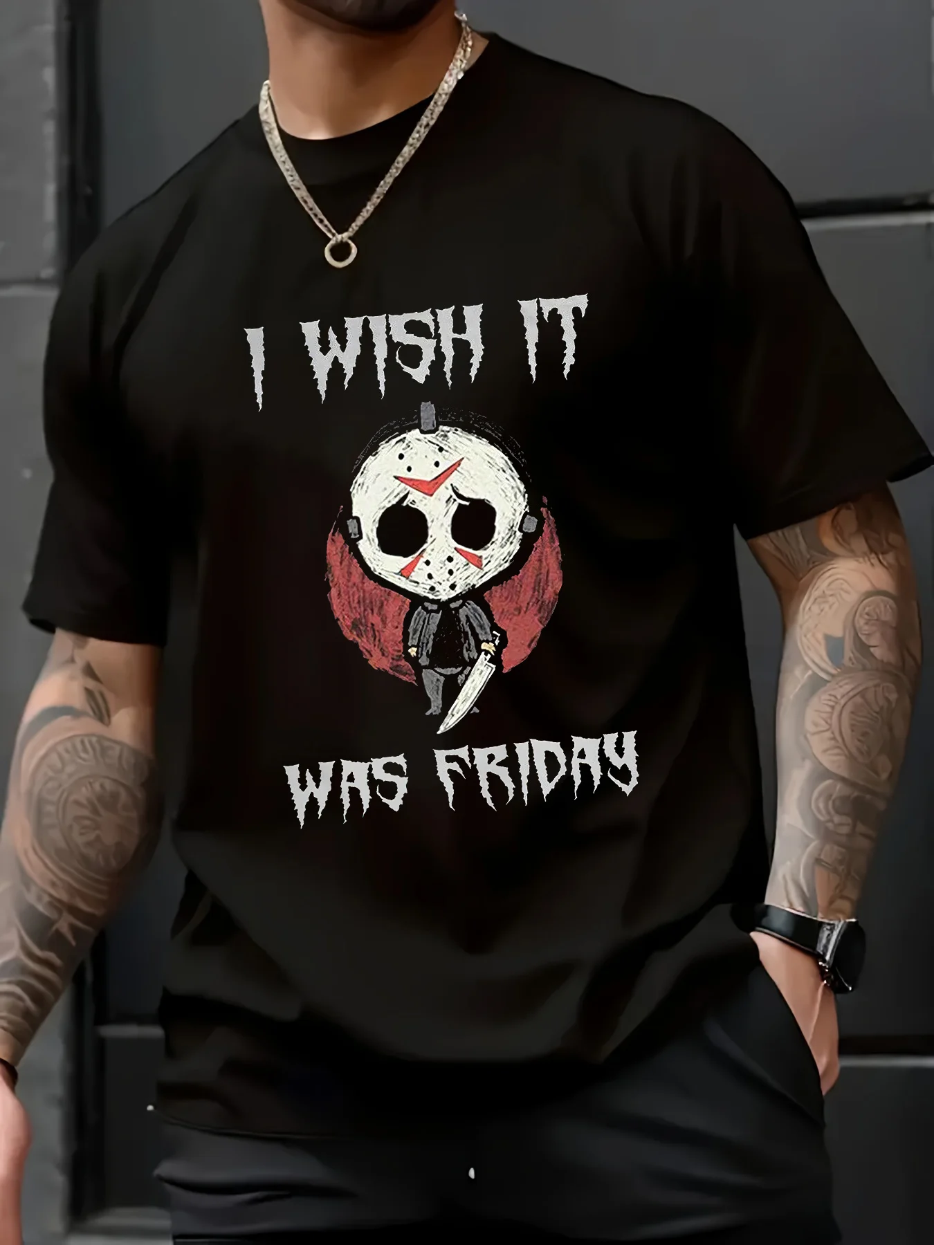 

Men Casual Short Sleeve T-Shirt "I Wish It Was Friday" Graphic Tee with Jason Voorhees Mask Design Men Clothing