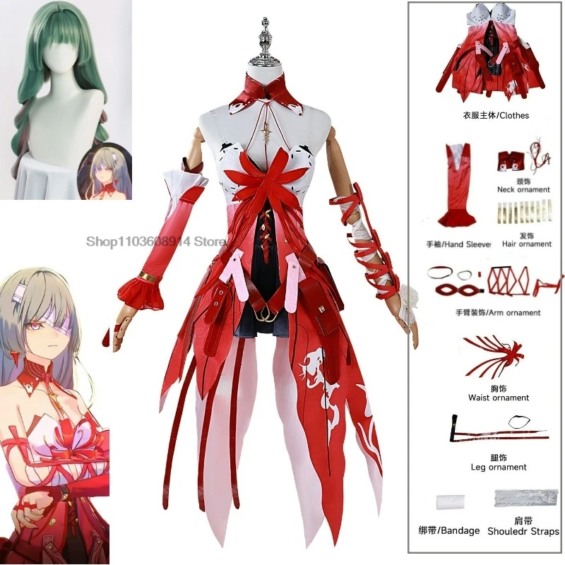 Phrolova Cosplay Costume Game Wuthering Waves Red Spider Lily Uniform XS-XXXL Bandeau Dress Gradient Green Double Ponytail Wig