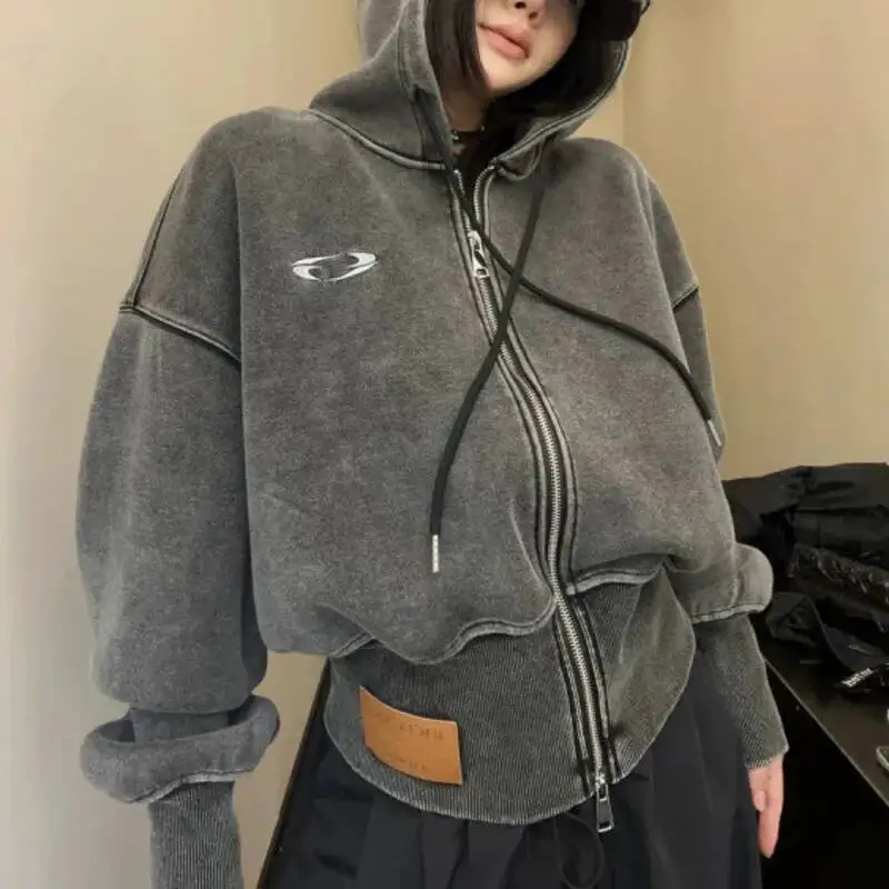 

Washed Embroidery Ribbed Short Hooded Cardigan Jacket Autumn Winter Women's Slim Fit Short Version Fashionable Versatile Jacket