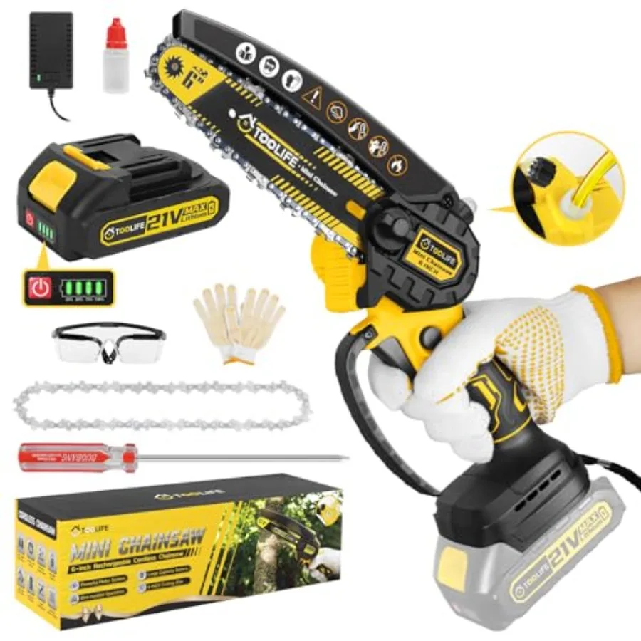 

Mini Chainsaw Cordless 6 Inch Handhled Chain saw with 1 Battery and Auto Oiling System Electric Chainsaw for Tree/Wood